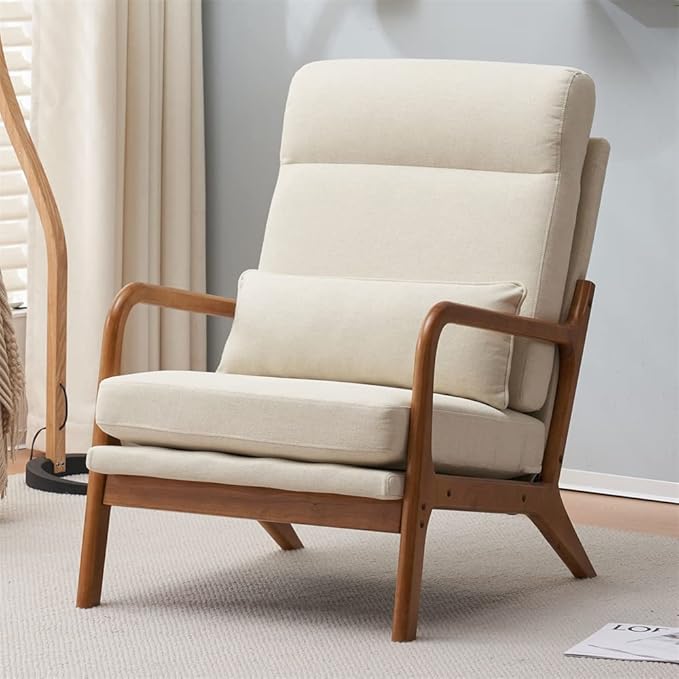 Accent Chair Modern Linen Upholstered Armchair Lounge Chair with Solid Wood Frame and 1 Pillow Comfy Single Sofa Chair Leisure Reading Chair with High Back &amp Armrest for Living Room Bedroom Off W