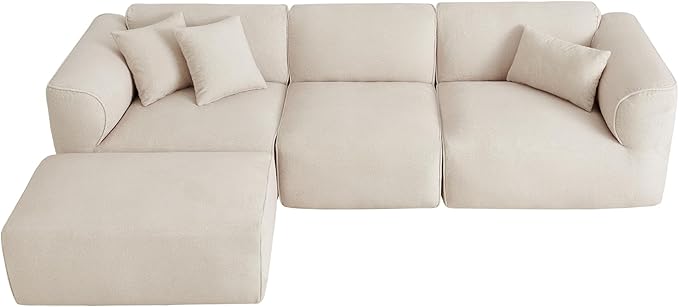 Luxury Living Room Double-Needle Cut Velvet Sofa 4-Seater with Pure Sponge Seat Cushions A Detachable Footstool and 3 Throw Pillows L Shaped Polyester Sofa for Living Rooms (Beige-EK99)