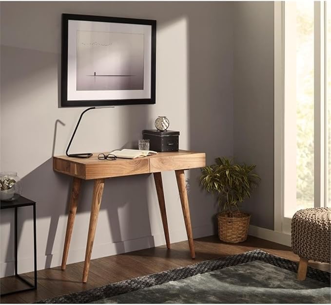 Pemberly Row Contemporary Office Desk 39 in Wide Solid Hardwood Natural Matte Wax Finish Rectangle Mid-Century Modern Style Small Home Office Desk with Drawers 31 in Height x 20 in Depth