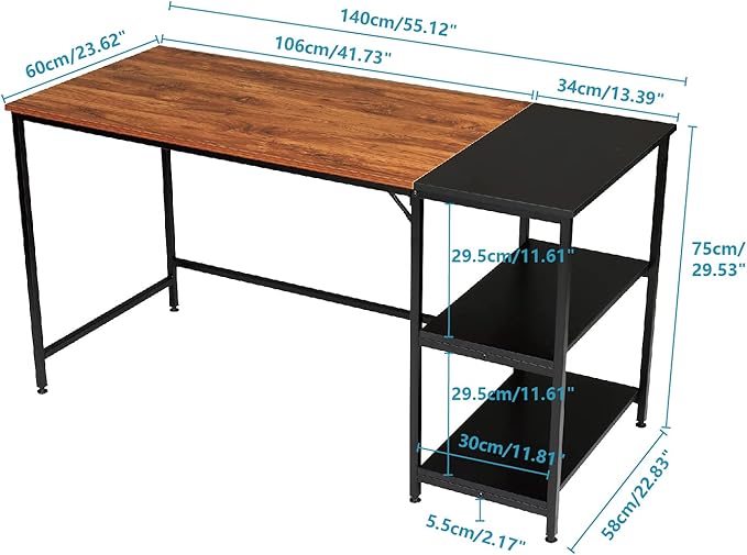 Home Office Desks Corner Computer Desk with Storage Shelves 140cm Industrial Office Desk Study Writing Table Workstation with Printer Stand and Bookshelf for Home Office 140 x 60 x 75cm(L x W x H)
