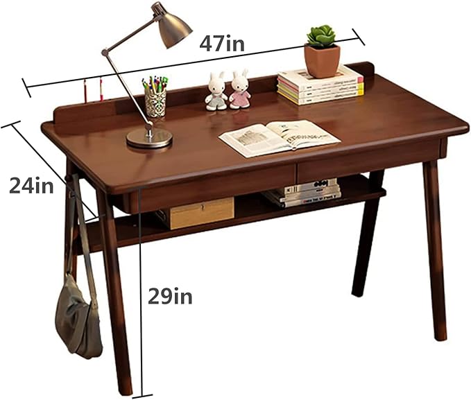 Solid Wood Writing Desk 47 Mid-Century Modern Walnut Desk Home Office Computer Desk with 2 Drawers and Storage Shelf Laptop Desk Study Table Work Desk Station