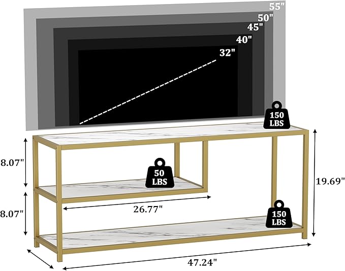 Function Home TV Stand for TVs up to 55 Inch 3 Tier Entertainment Center Media Console with Open Storage Shelves for Living Room Bedroom 47” Modern TV Table with Faux Marble Top Gold Metal Leg