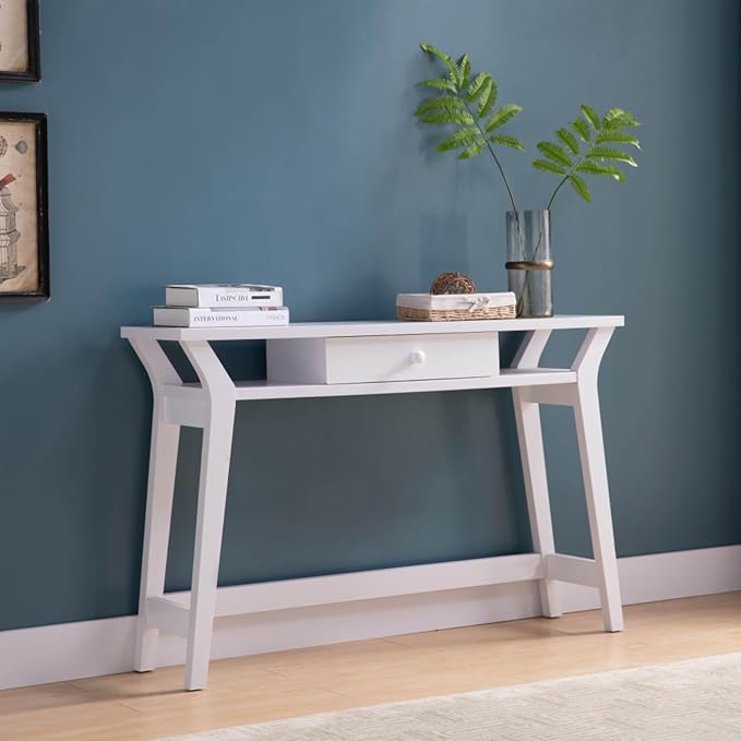 Modern White Console Work Table with One Smooth-Glide Drawer Two Spacious Side Shelves for Storage Versatile Use Compact Home Office Desk Durable Construction