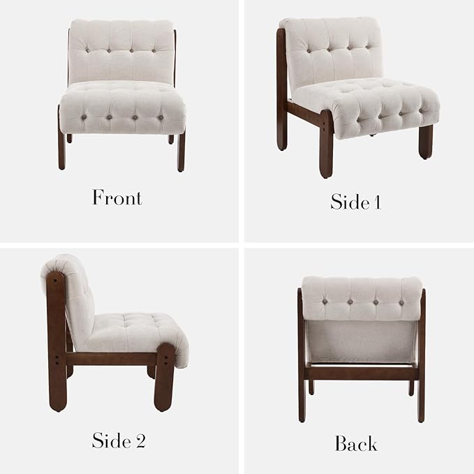 HEAH-YO Accent Chair Set of 1Modern Vintage Living Room Chair for Bedroom with Button Tufted Back and Wood LegsUpholstered Comfy Reading Chair for Makeup Vanity CafeChenille Beige