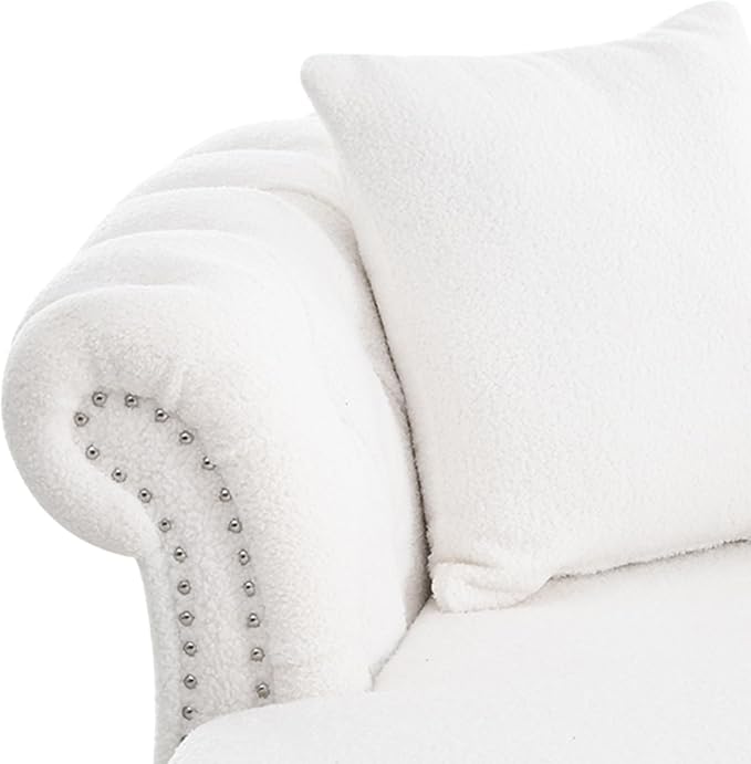 63 Loveseat Chaise Lounge Couch with 2 Pillows Upholstered Teddy Velvet Loveseat Chaise Sofa with Tufted Back Roll Arms 2-Seater Couch for Living Room Apartments Office(White)