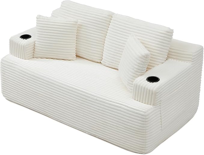 Loveseat Sofa Cloud Boneless Couch Corduroy Upholstered Deep Seat Beanbag Sofa Chair with Cup Holder &ampSide Pocket Modern Comfy Compression Memory Foam Couch for Living Room Bedroom(66.5 W Bei
