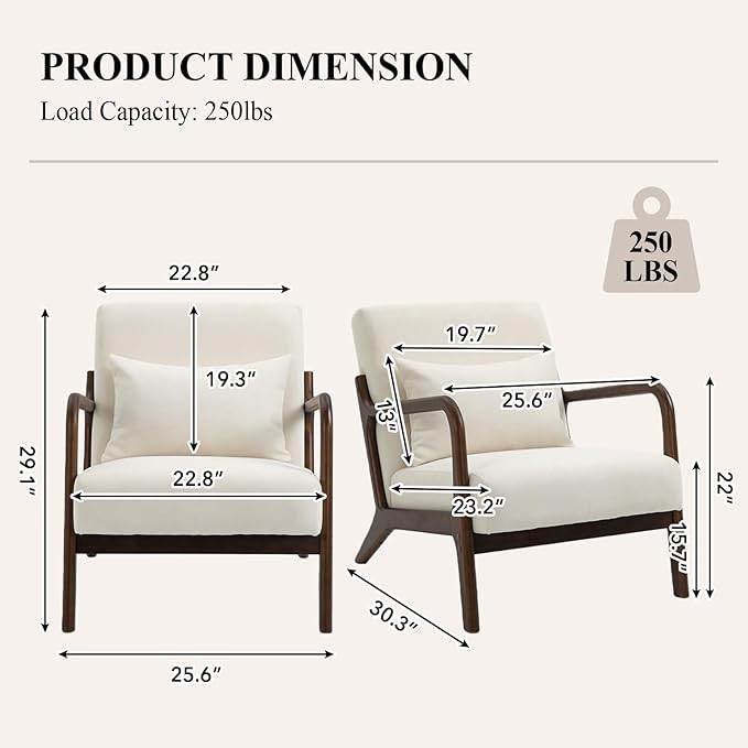 Minimalist Accent Chair Velvet Upholstered Mid-Century Modern Chair with Pillow Lounge Arm Chair with High Backrest Comfy Reading Chair for Living Room Balcony (White-Dark Brown)
