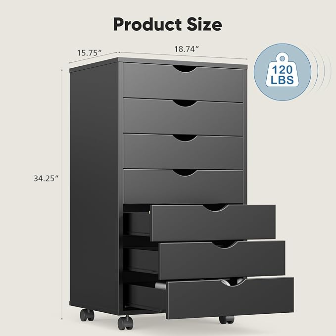 NEWBULIG 7 Drawers Mobile File Cabinet Under Desk Storage with Wheels Office Filing Cabinets Small Wooden Rolling Chest of Dawers for Home Office Black