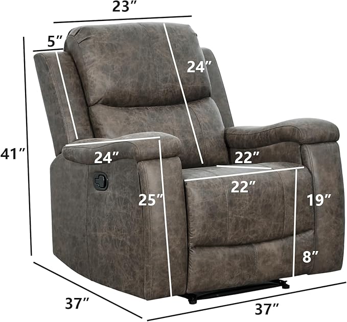 EBELLO Grey Recliner Chair Single Overstuffed Sofa Recliners Breathable Faux Leather Manual Reclining Chairs with Hidden Cup Holder Arm and Back for Adults Living Room Bedroom Grey
