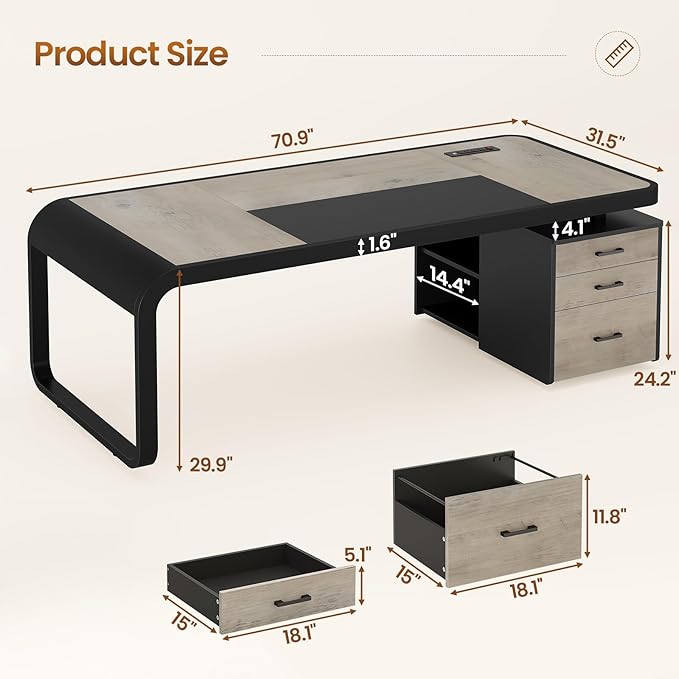 Itaar 70.9 Executive Desk Large Computer Desk with Drawers and Lateral File Cabinet Office Desk with Removable Shelves Business Furniture Desk Workstation for Home Office Gray