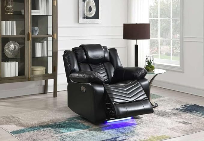 First of a Kind Modern Black Recliner Chair - Premium Leather Bedroom Chair with Plush Cushioning - Woven Fabric &amp LED Base Lighting for Luxurious Home-Theater Experience