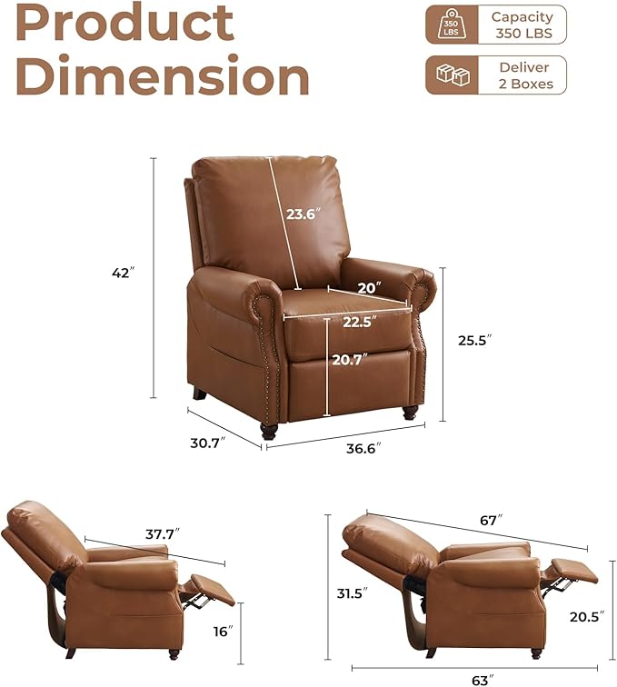 Pushback Recliner Chair with Massage and Heat Breathable Leather Recliner Chair with Overstuffed Backrest and Rivet Decoration Single Sofa Accent Chair for Living Room Camel