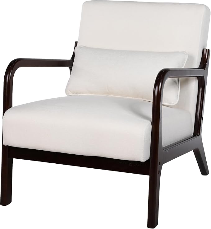 Mid Century Modern Accent Chair with ArmrestsSolid Wood Frame Cushioned Seat &amp Backrest Easy Assembly Ideal for Living Room Bedroom Office Light Beige