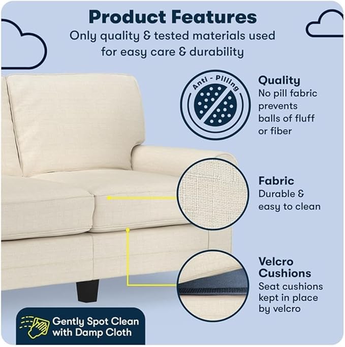 BOWERY HILL 61 Rolled Arm Loveseat Sofa Buttercream Polyester Fabric Compact Space-Saving Design Removable Covers High-Density Foam Cushions Sturdy Solid Wood Ideal for Living Room or Office