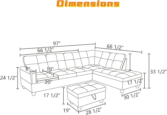 FONTOI L Shaped Sectional Couch with Otttoman 97 Sectional Sofa for Living Room Flannel Modular Couches with Cup Holders for Bedroom Apartments Blue