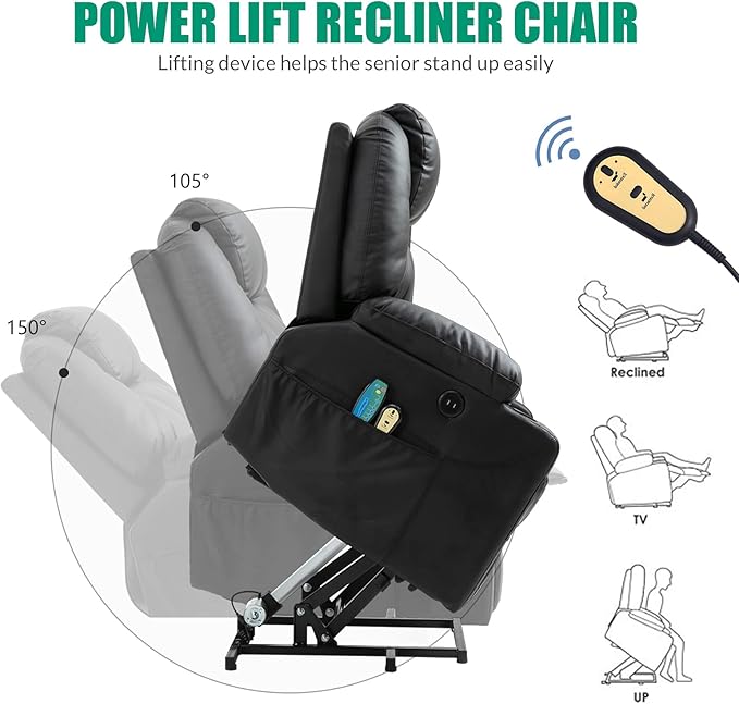 VIVIJASON Power Lift Chair Electric Recliner for Elderly Heated Vibration Massage Faux Leather Recliner Chair with 2 Remote Controls Cup Holders Side Pockets &amp USB Ports for Living Room (Black)