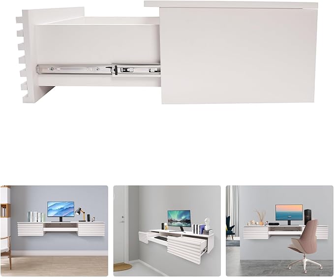 Wall Mounted Desk 60x15.5x9.5 Inch Wall Mount Office Desk with Pull Out Drawer Wall Organizer Table Max. Load Bearing 120lbs (White)