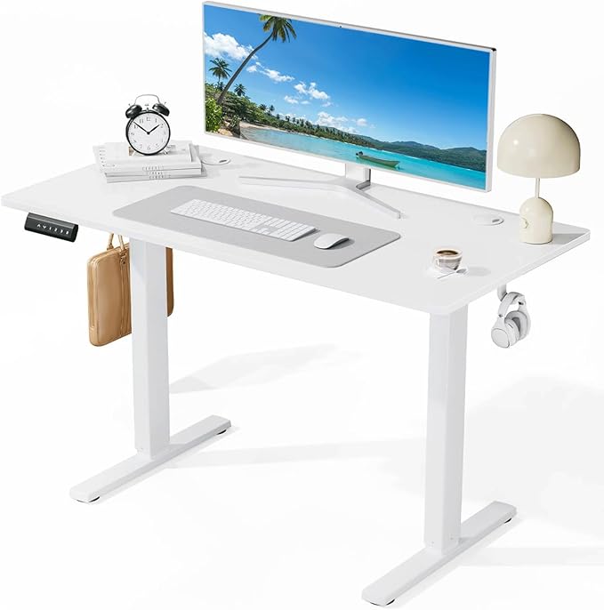 Electric Standing Desk 48 x 24 Inches Lift Motorized Gaming Table with T-Shaped Metal Ergonomic Memory Controller Home Office Desk Computer Desk White
