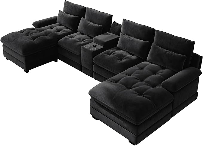 OUYESSIR 134 Oversized Black Sectional Couches for Living RoomFluffy Couch with Chaise Lounge&ampTufted Buttons U Shaped Living Room Sofa Set FurnitureChenille 6 Seater Couch with Storage Console