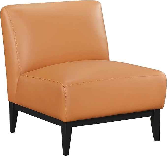 Lexicon Modern Living Room Leather Accent Chair Luxury Genuine 100% Top Grain Leather Upholstered Armless Chair Comfortable Seat Black Solid Wood Legs for Bedroom/Office Easy Assembly Orange