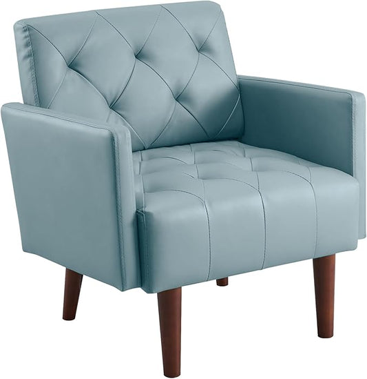 Accent Chairs Leather Accent Chair Modern Upholstered Living Room Chair Cozy Armchair Button Tufted Back and Wood Legs for Bedroom Office Cafe (Sky Blue)