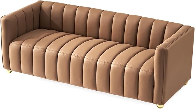Direct Glam Fabric Upholstered Solid Wood Frame 82.7 Art Deco Sofa for Living Room Office Sophisticated 3 Seater Couch Brown