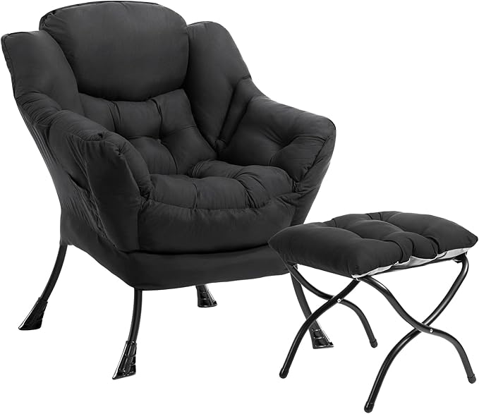 HollyHOME Lazy Chair with Foldable Ottoman Accent Comfy Lounge Armchair and Folding Footrest Stool Leisure Sofa Reading Chair and Footstool for Living Room Bedroom DormPeachskin Fabric Black