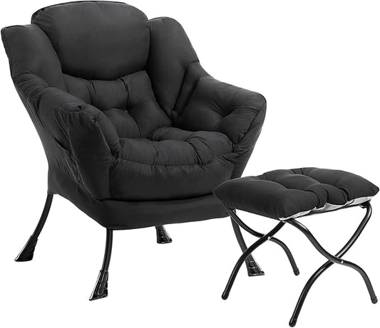 HollyHOME Lazy Chair with Foldable Ottoman Accent Comfy Lounge Armchair and Folding Footrest Stool Leisure Sofa Reading Chair and Footstool for Living Room Bedroom DormPeachskin Fabric Black