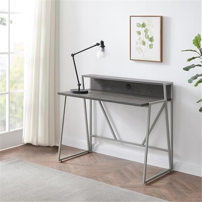 Pemberly Row 44 L x 23.75 W Writing Desk Weathered Wood and Nickel Finish HPL Worksurface Iron Frame MDF Shelf Cable Management 30 Clearance Home Office Desk with Riser Shelf