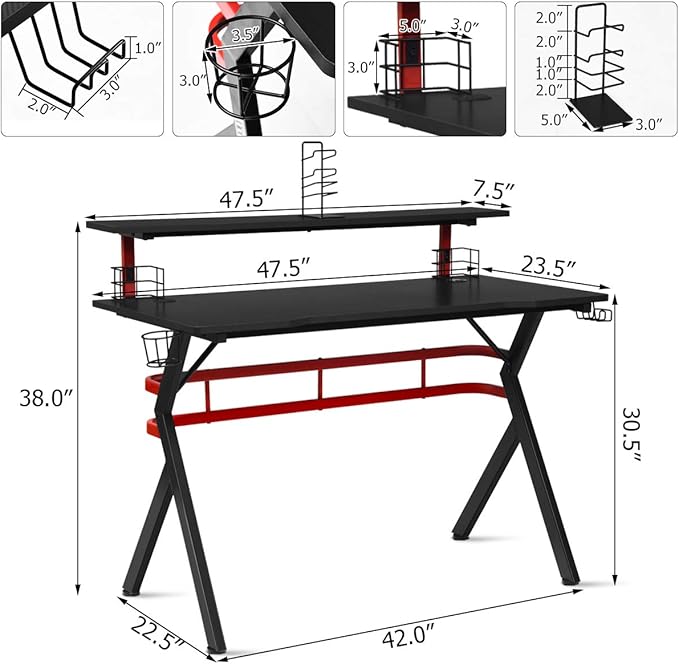 Tangkula Gaming Desk Professional Gamer Workstation with Cup Holder Headphone Hook Handle Rack Ergonomic PC Gaming Table with Monitor Stand E Sports Computer Desk Table for Home Office (Black)