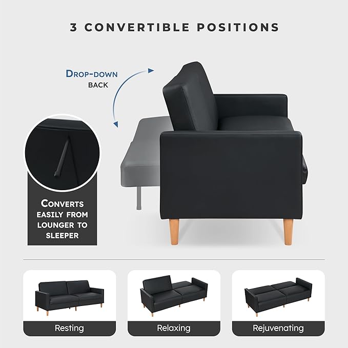 Lexicon 79W Convertible Futon Sofa Bed Loveseat Faux Leather Upholstered Couch Sleeper Adjustable Backrests Padded Pocket Coil Solid Wood Legs for Living Room Bedroom Apartment Office Black