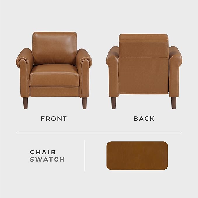 Lexicon 35 W Living Room Accent Chair Faux Leather Upholstered Armchair with Rolled Armrest for Bedroom/Office/Waiting Room Single Sofa Chair Brown