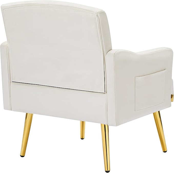 kevinplus Velvet Accent Chair Living Room Chair Leisure Single Sofa Chair Comfy Vanity Chair for Bedroom Modern and Mid-Century Armchair Sitting Chair for Reading Relaxing Gold Metal Leg White