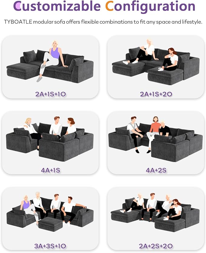 TYBOATLE 146’’ Boneless Couch for Living Room U Shaped Cloud Sectional Sofa w/Ottoman Comfy Boneless Modular Couch w/Memory Foam Grey