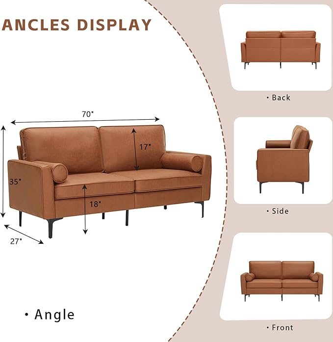 2 Piece Loveseat and Sofa Sets Mid Century Modern Decor Love Seat Couches for Living Room Upholstered 3 Seater Faux Leather with Deep Seats Easy to Install Small Couch for Bedroom (Brown Set of 2)