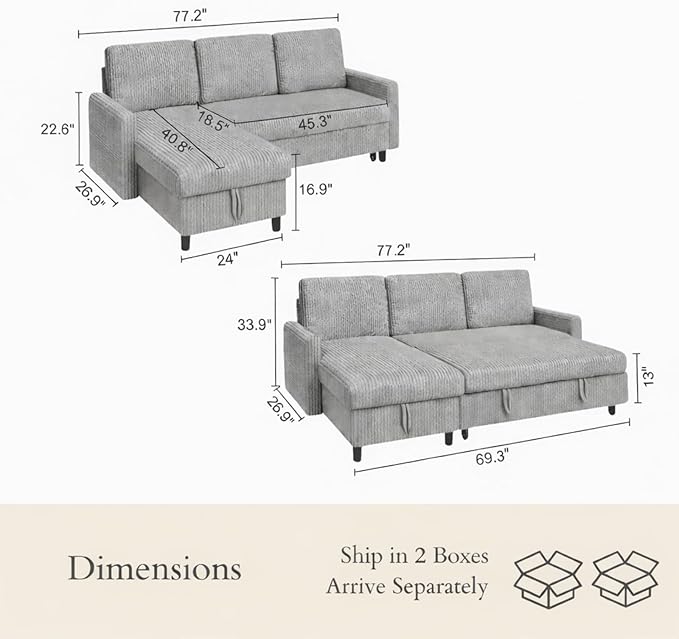 JAMFLY Pull Out Sleeper Sectional Sofa L Shaped Corduroy Couch with Hidden Storage Convertible Sofa Bed for Small Living Rooms and Apartments Light Grey