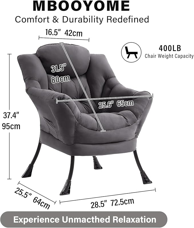 Lazy Chair Modern Accent Chair with Armrests Side Pocket &amp Metal Frame Comfy Leisure Chair for Living Room Bedroom Dorm &amp Office Dark Grey