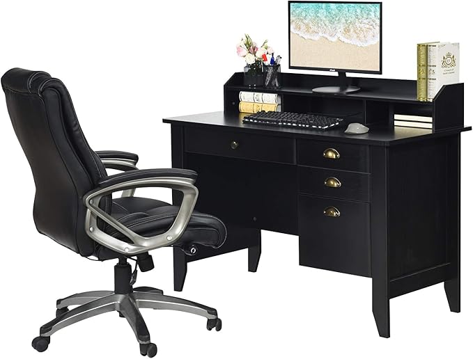 Catrimown Computer Desk with Drawers and Hutch Vintage Wood Home Office Desk Writing Study Teens Student Desk PC Laptop Table for Small Spaces Black