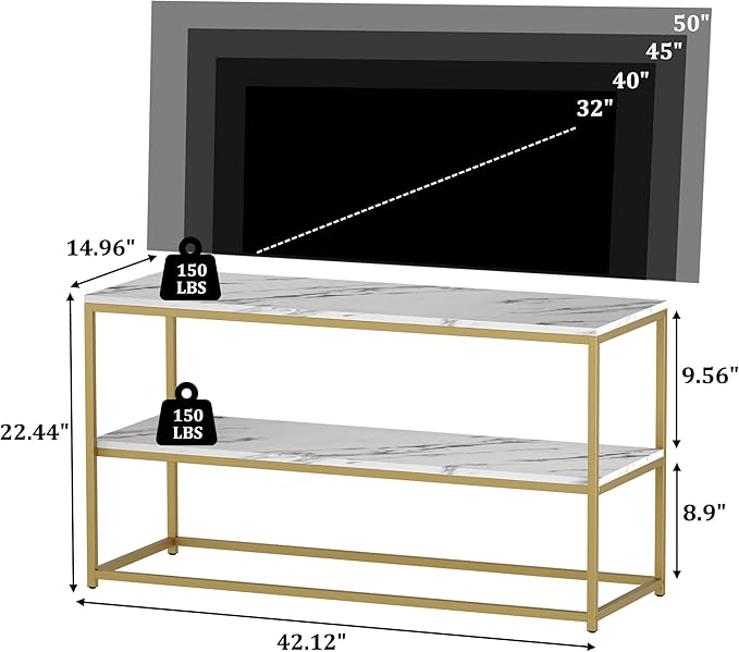 Function Home TV Stand for TVs up to 50 Inch 2 Tier Entertainment Center Modern TV Cabinet with Marble Top and Gold Metal Base 42 Media Console Table with Storage for Living Room Bedroom