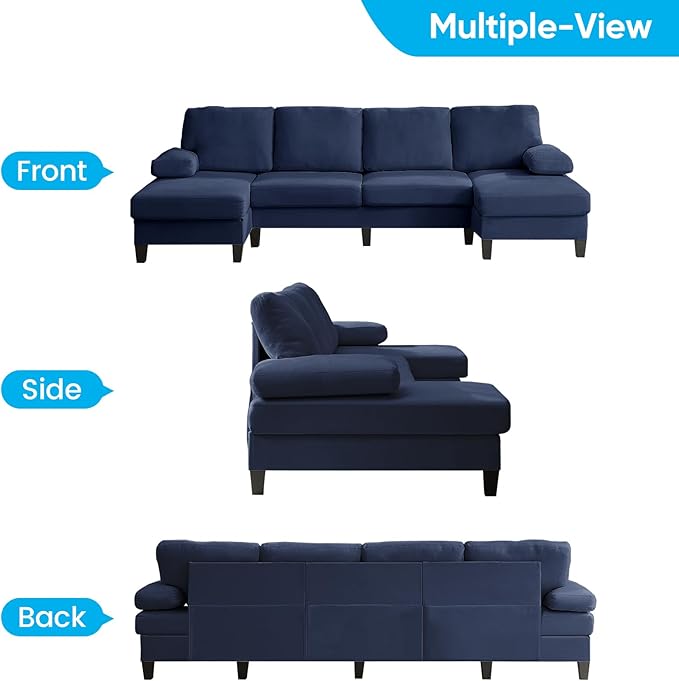 Mjkone 110 Width Sectional Couches with Chaises for Living Room U Shaped Cloud Sofa Couch with Ice Velvet Fabric Minimalist 4 Seater Sofa Set Living Room Sets Furniture for Home Office Blue
