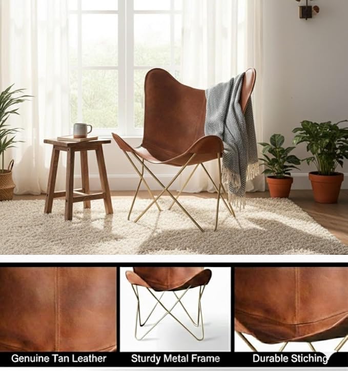 Shy Shy Let’s Touch The Sky Leather Living Room Chairs-Butterfly Chair Brown Leather Butterfly Chair-Handmade with Powder Coated Iron Frame (Cover with Folding Frame) (Golden Frame)