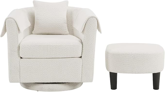 Swivel Accent Chair with Ottoman Modern Chenille Comfortable Bucket Chair with Removable Pillow Small Couch Barrel Armchair for Small Spaces Living Room Bedroom Office (White)