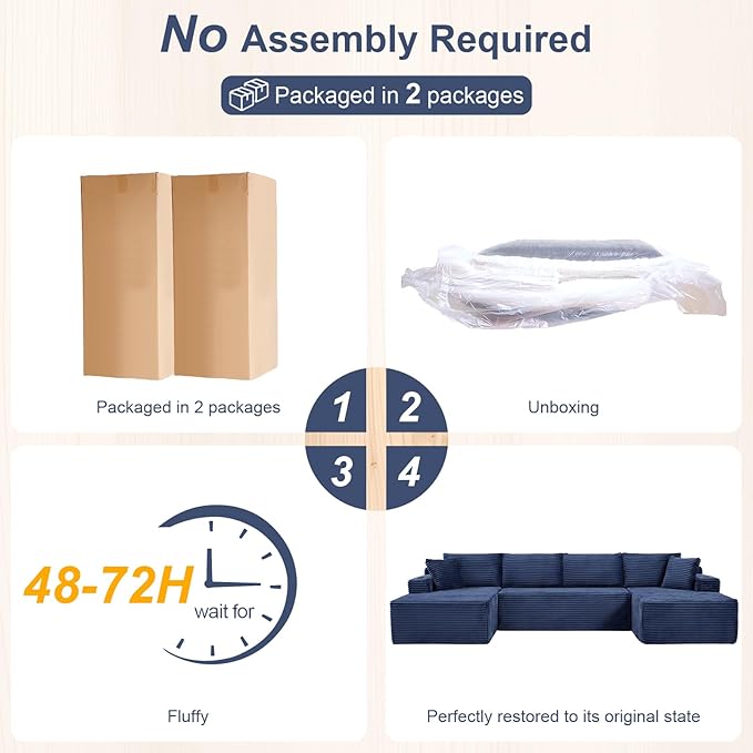 134 U Shaped Boneless Couch with Chaise Oversized Modular Sectional Sofa with Cupholders &amp Storage Corduroy Cloud Couches for Living Room Free Combination No Assembly Required Blue