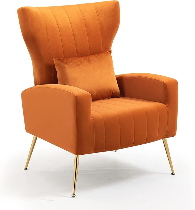 X-VOLSPORT Velvet Accent Chair Mid Century Modern High Back Living Room Chair with Waist Pillow Upholstered Arm Chair with Metal Gold Legs for Bedroom Club Orange