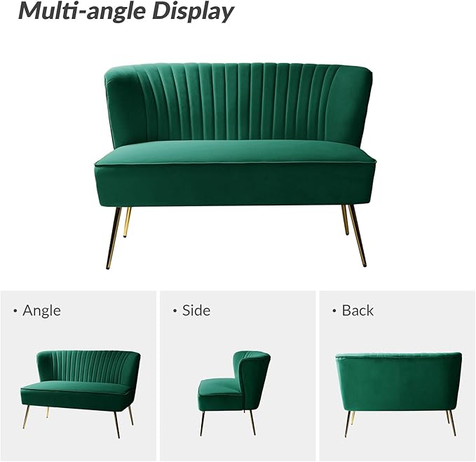 HULALA HOME Velvet Loveseat Sofa with Gold Legs Mid-Century Modern Upholstered Love seat Couch Tufted Small 2-Seat Sofa Armless for Living Room Bedroom Apartment Small Spaces Green
