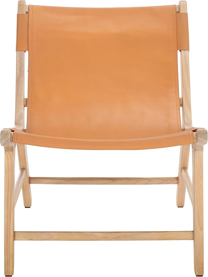 SAFAVIEH Couture Collection - Alanarose Tan &amp Natural Solid Teak Wood Accent Chair Modern Sling Style Leather Seat Fully Assembled (SFV1903D)