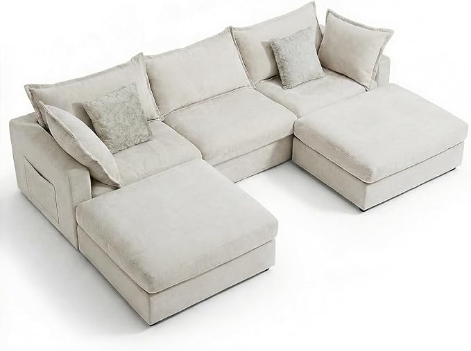 118.5 U Shaped Down Filled Couch Chenille Modular Sectional Sofa with 2 Storage Ottoman 3 Seater Sectional Couch with Deep Seat Mordern Sectional Couches for Living Room Beige