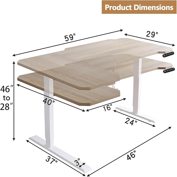 59 L-Shaped Standing Desk Height Adjustable Electric Corner Desk with Wheels Ergonomic Rising Computer Table for Home Office (Nature)