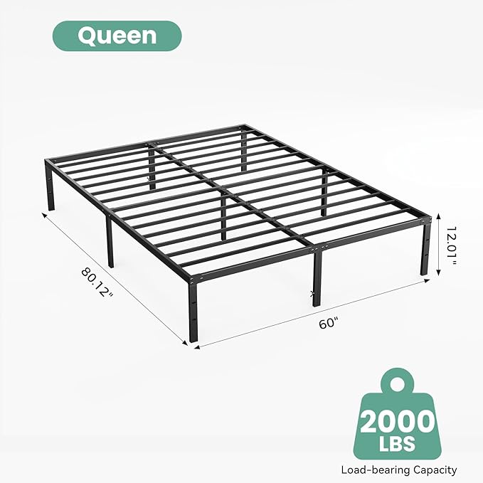 Sweetcrispy Queen Size 12 Inch Platform Bed Frame Heavy Duty Metal Foundation Frame Noise-Free Sturdy Steel Slats Underbed Storage No Box Spring Needed Quick Setup
