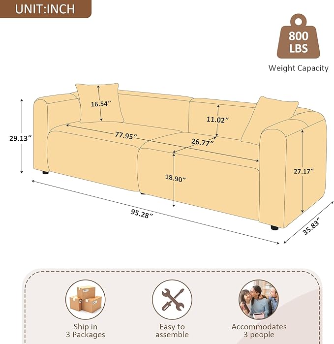 VANOMi 95 Cloud Couch Comfy Deep Seat Boucle Cloud Sofa Upholstered 3-Seater Oversized Loveseat Sofa with 2 Pillows Modern Sofa for Living Room Bedroom Office Apartment (White)